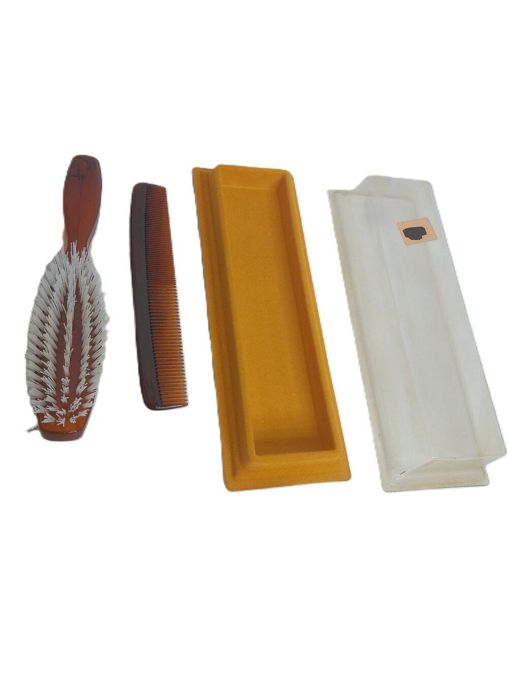 Vintage Faux Tortoiseshell Acrylic Vanity Set Gold Emblem Hairbrush Comb Box